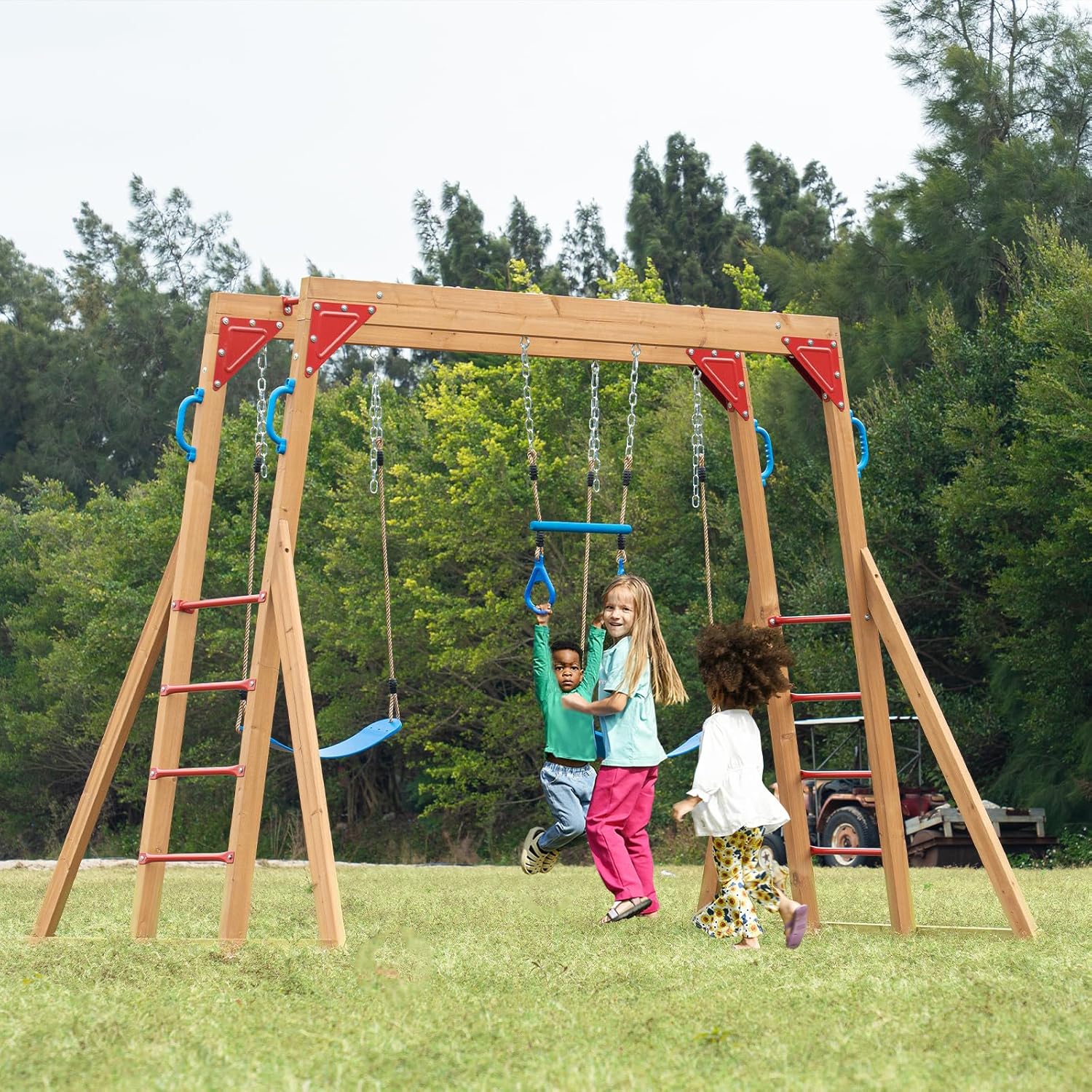 Kids Outdoor Monkey Bar Set - Dolphin Playground Wood Swing Sets for