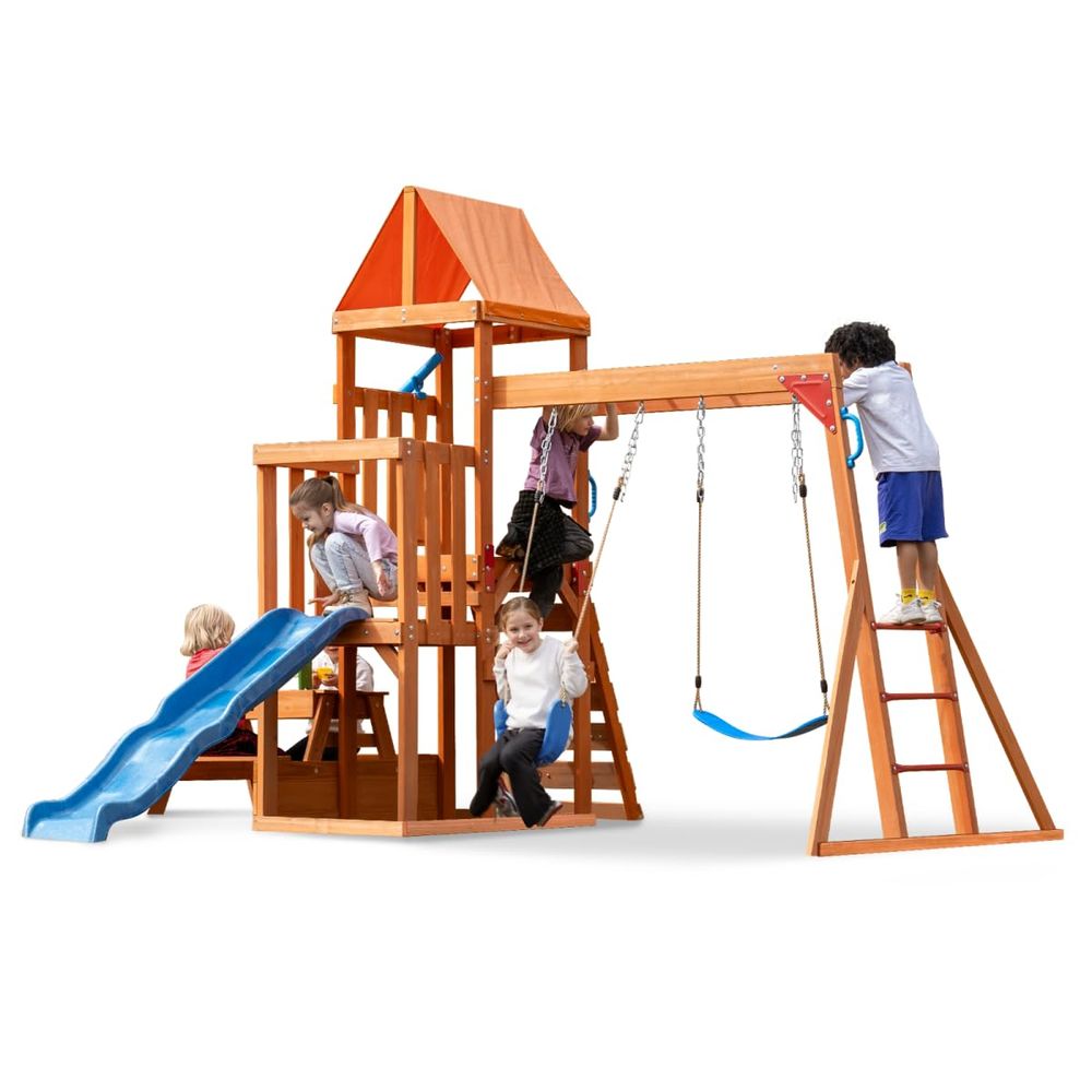 Kids Outdoor Monkey Bar Set - Playground Wooden Swing Sets for Backyard