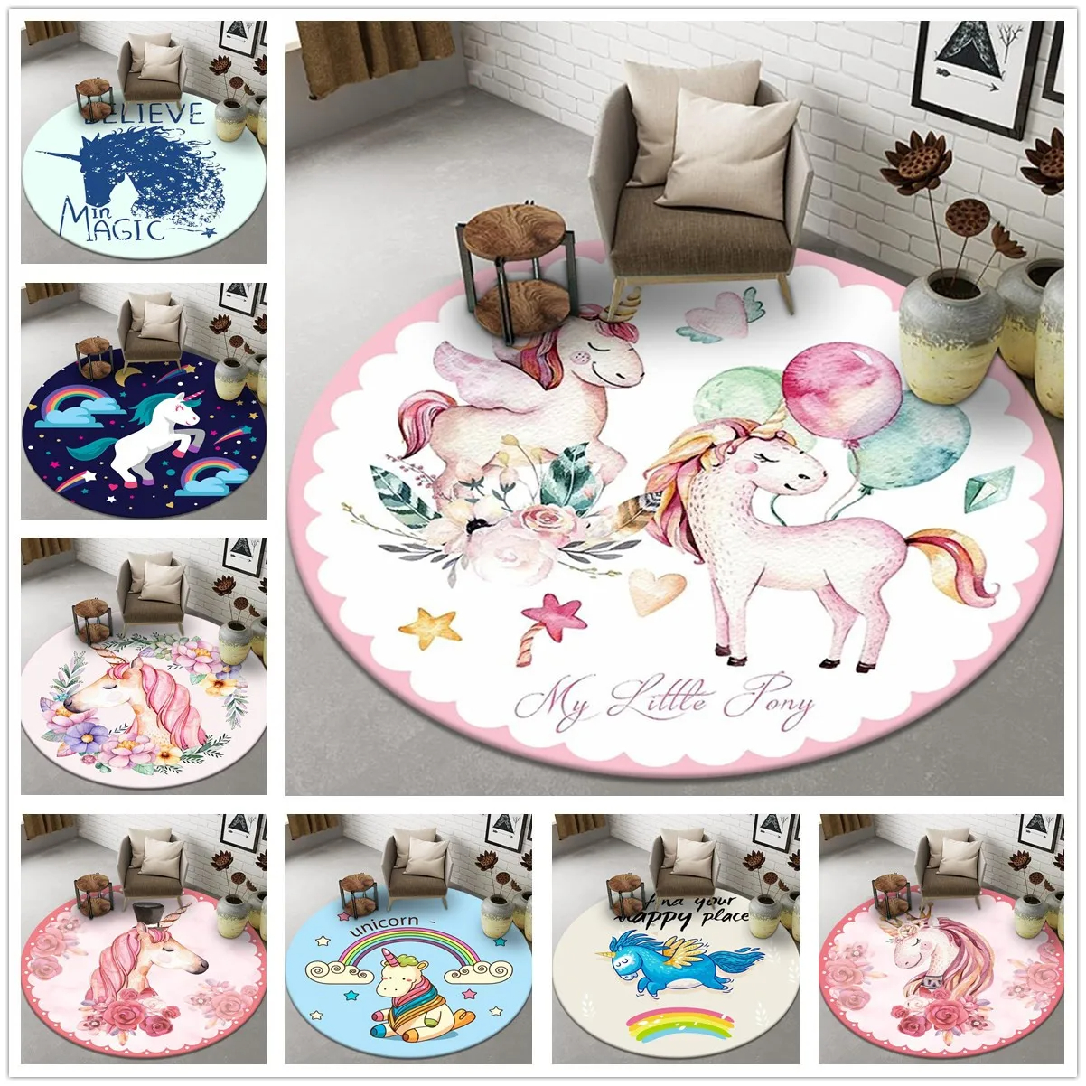 Kids Unicorn Outdoor Chair - Cartoon Unicorn Round Rug Lovely Fantasy