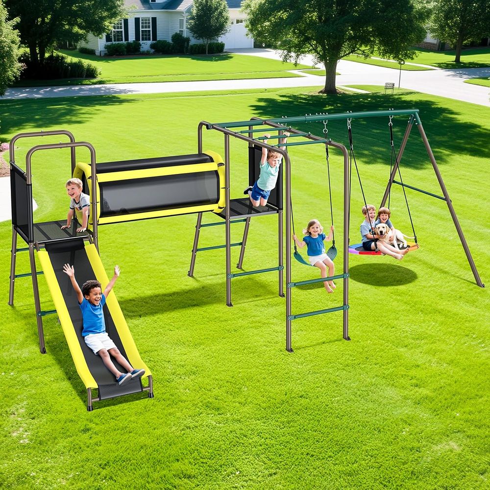 Kids Outdoor Monkey Bar Set - 660lbs Swing Set with Slide,Cl Tunnel