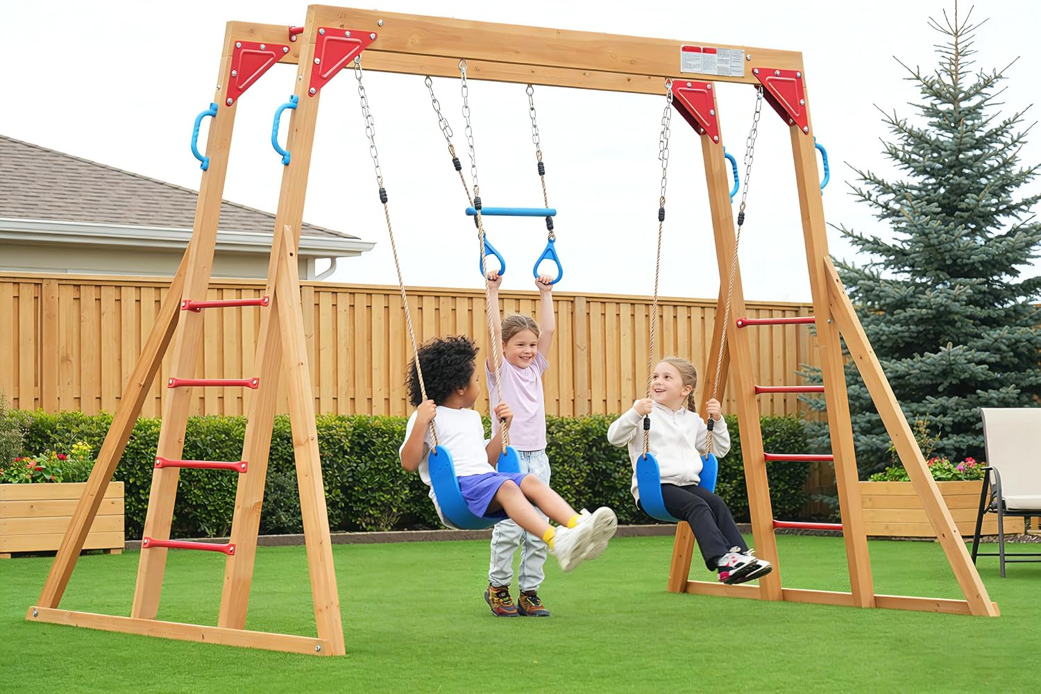 Dolphin Playground Wood Swing  - Kids Outdoor Monkey Bar Set 评论和价格