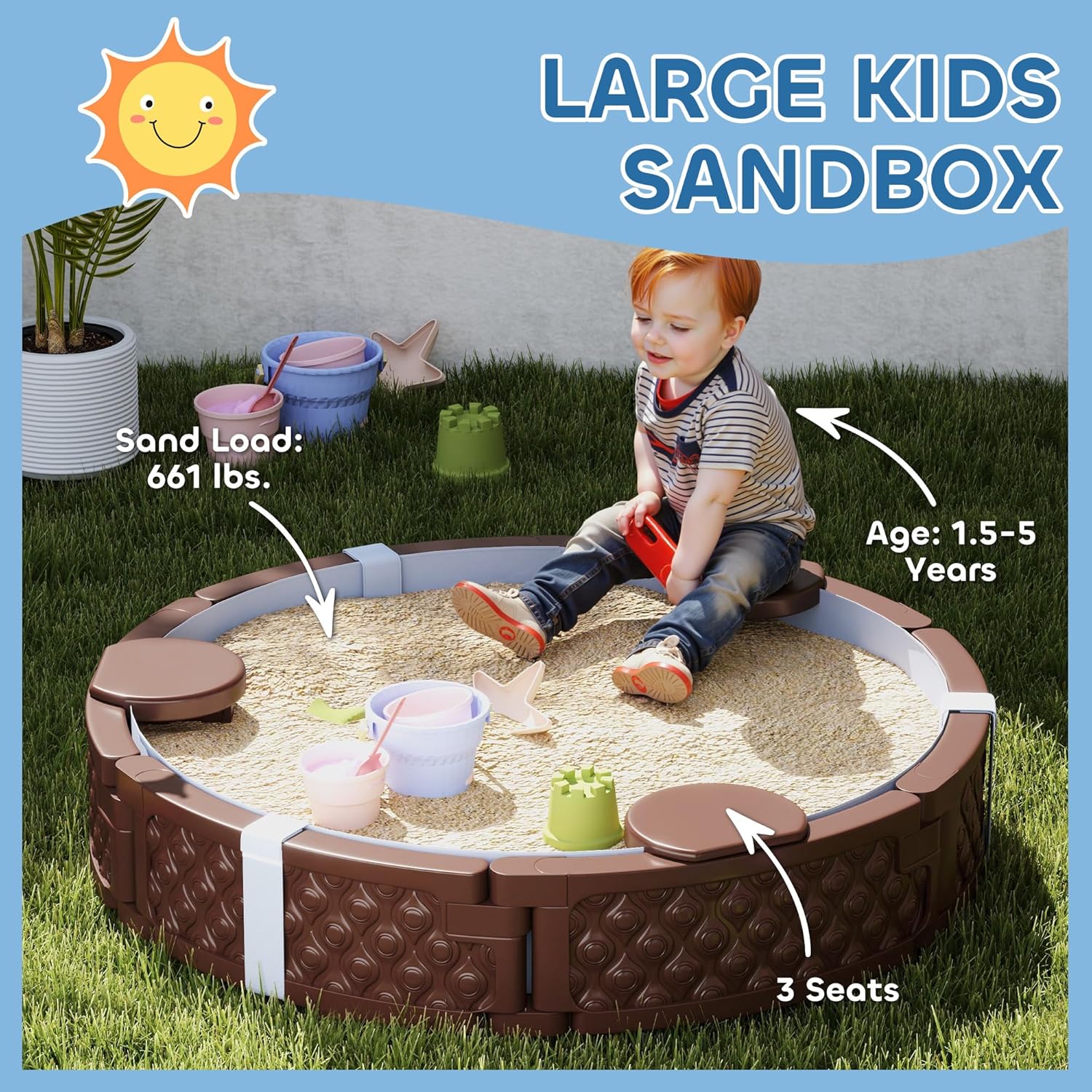 Kids Sandbox with Cover, Round - Kids Outdoor Picnic Table 评论和价格