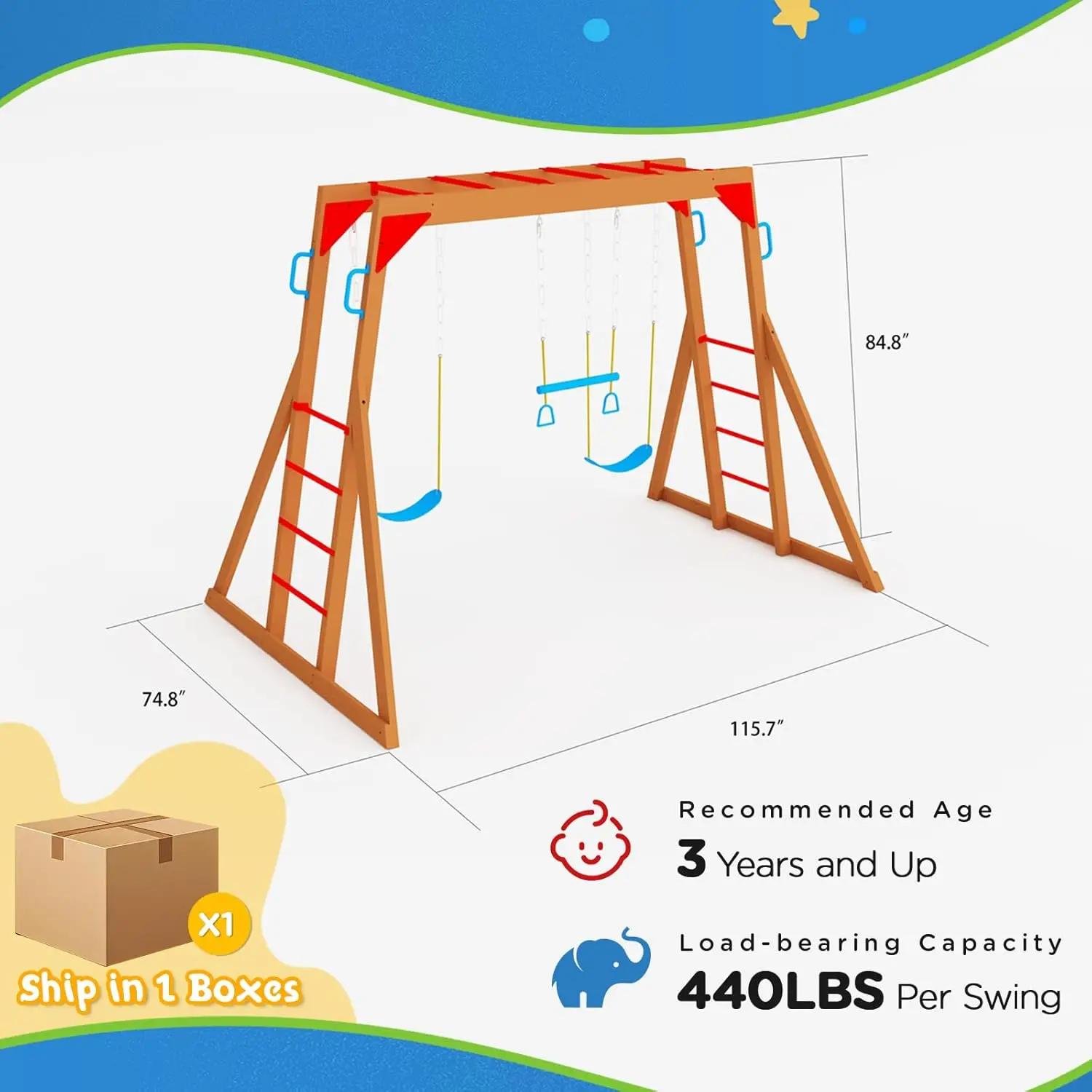 Dolphin Playground Wood Swing  - Kids Outdoor Monkey Bar Set 评论和价格
