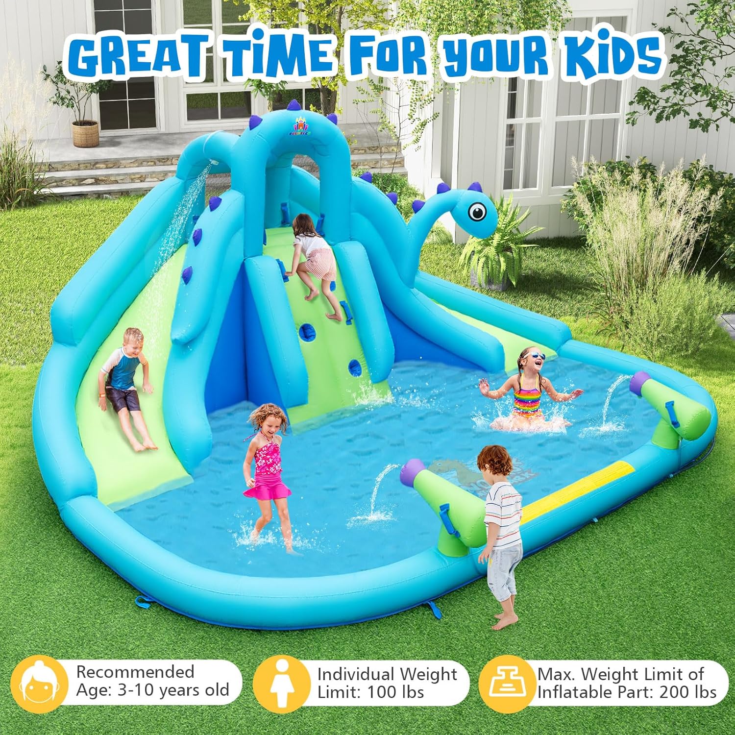 Inflatable Water Slide, Dinosa - Kids Outdoor Water Park 评论和价格