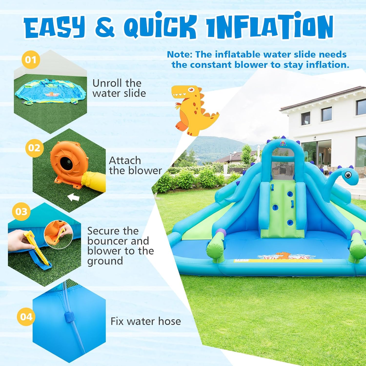 Inflatable Water Slide, Dinosa - Kids Outdoor Water Park 评论和价格