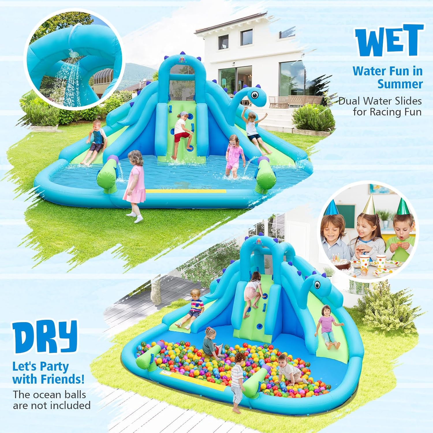 Inflatable Water Slide, Dinosa - Kids Outdoor Water Park 评论和价格
