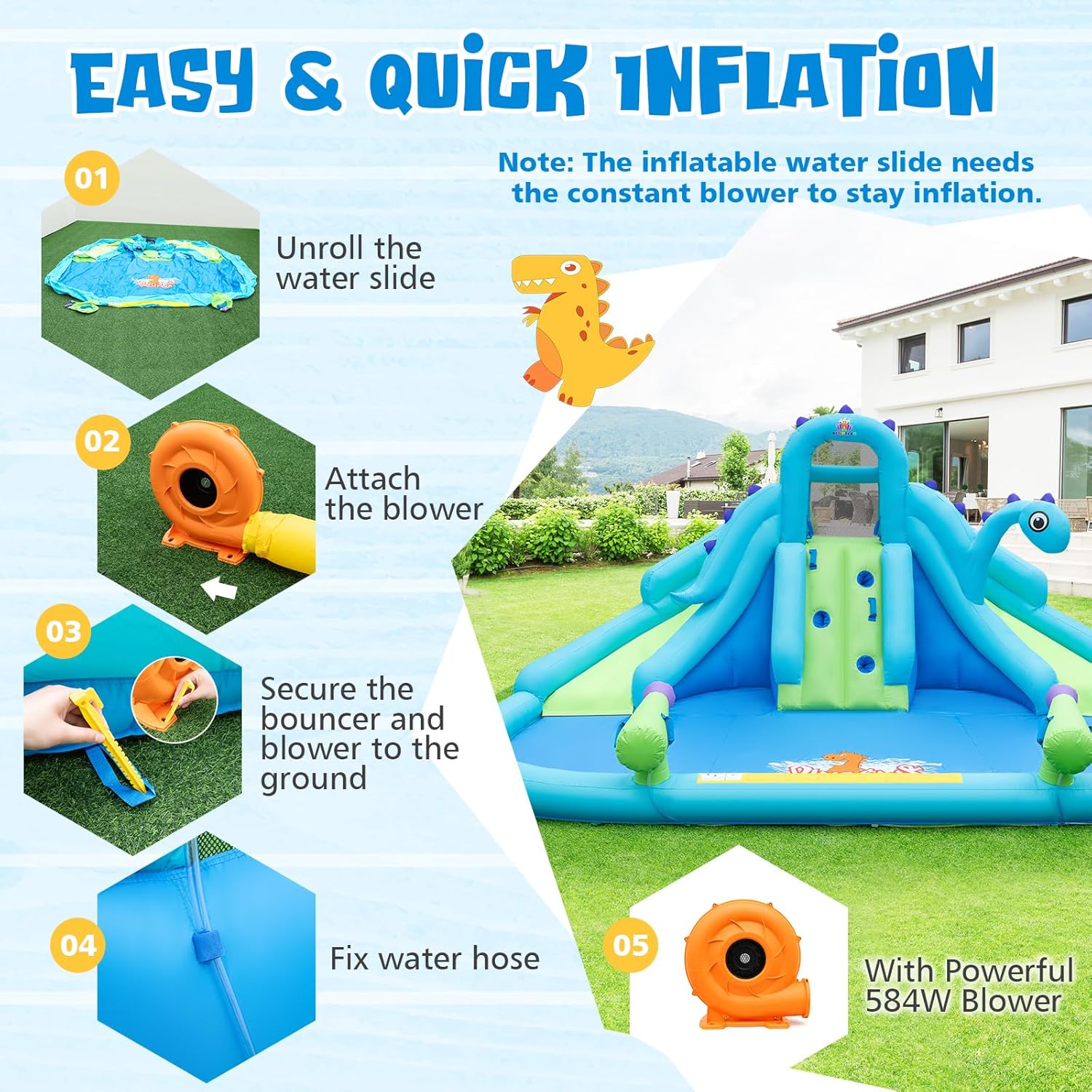 Inflatable Water Slide, Dinosa - Kids Outdoor Water Park 评论和价格